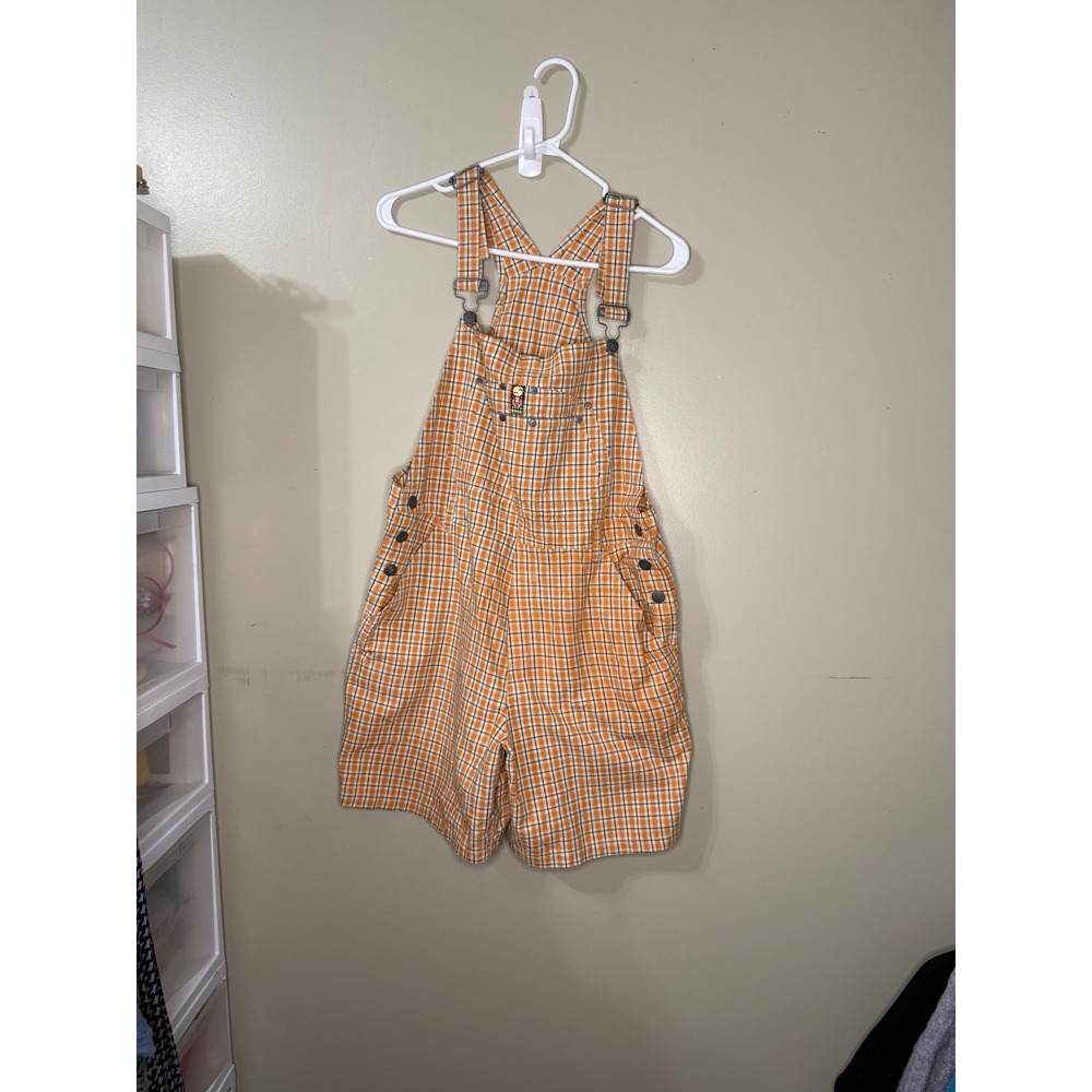 Vintage SW Denim Orange Blue Plaid Shortall Overalls Y2K Medium Checkered